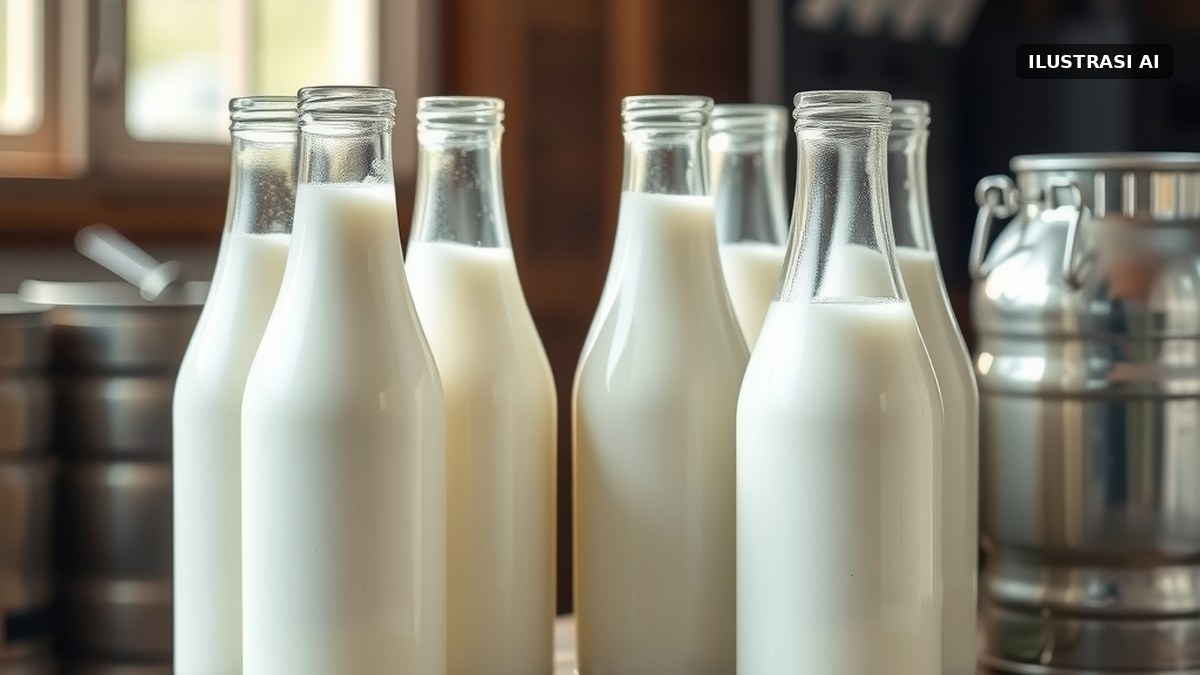Ilustrasi botol-botol kaca berisi susu sapi segar dan kaleng susu di atas meja kayu