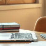 Laptop tertutup di atas meja sekolah di samping tumpukan buku tulis dan pensil