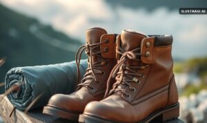 Mendaki Merbabu via Selo: Cek Kuota, Tarif, dan Aturan Terbaru 2026 Sepatu gunung dan matras di bangku kayu dengan latar lereng gunung berkabut