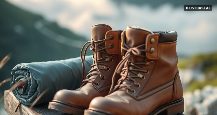 Sepatu gunung dan matras di bangku kayu dengan latar lereng gunung berkabut