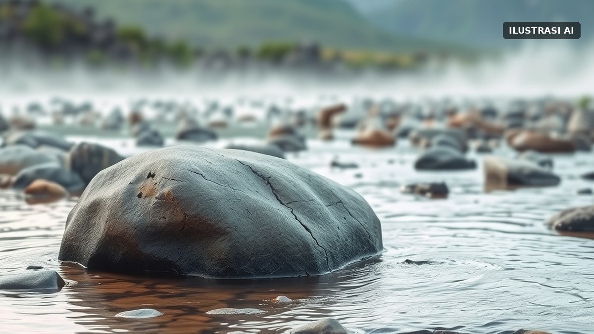 Ilustrasi batu besar di tengah aliran sungai, mengingatkan pada cerita tutur asal-usul nama Boyolali