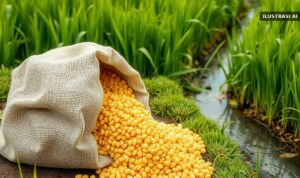 Petani Karanggede Dapat Benih dan Irigasi, Pemkab Kejar Panen 3 Kali Ilustrasi karung goni berisi benih jagung di tepi sawah dengan saluran irigasi