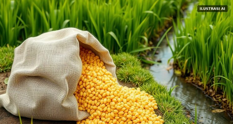 Ilustrasi karung goni berisi benih jagung di tepi sawah dengan saluran irigasi