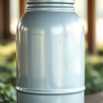 Ilustrasi milk can aluminium di atas bangku kayu di kandang sapi perah
