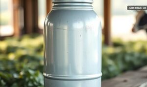 Ilustrasi milk can aluminium di atas bangku kayu di kandang sapi perah