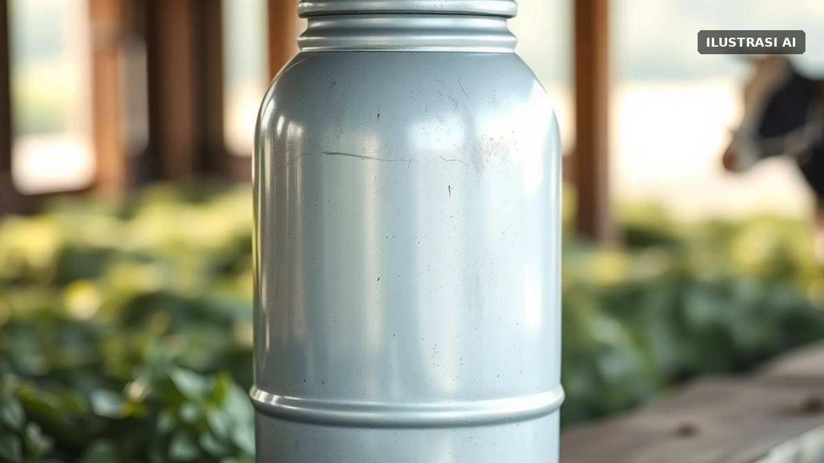 Ilustrasi milk can aluminium di atas bangku kayu di kandang sapi perah