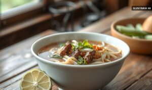 Semangkuk soto berkuah bening dengan bihun, tauge, seledri, dan bawang goreng di atas meja kayu