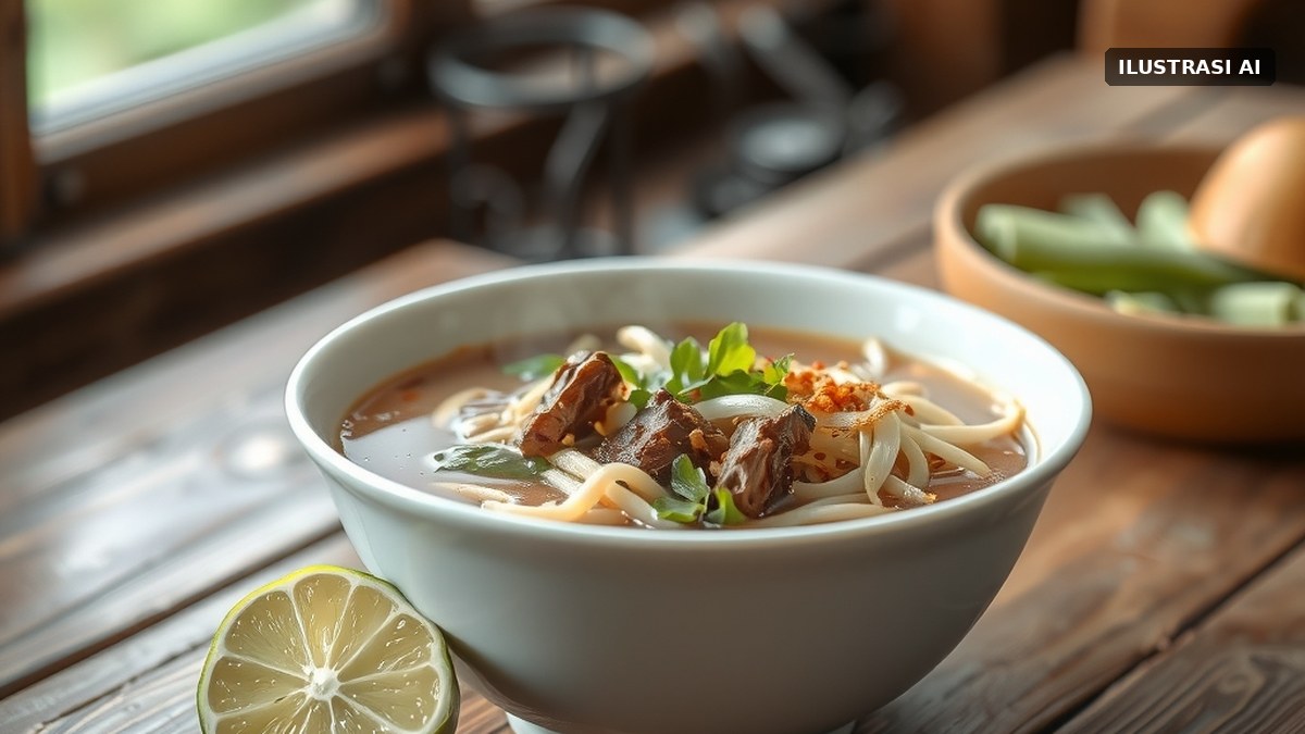 Semangkuk soto berkuah bening dengan bihun, tauge, seledri, dan bawang goreng di atas meja kayu