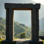 Ilustrasi reruntuhan candi batu andesit dengan bingkai pintu di lereng bukit berlatar pegunungan