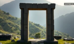 Ilustrasi reruntuhan candi batu andesit dengan bingkai pintu di lereng bukit berlatar pegunungan