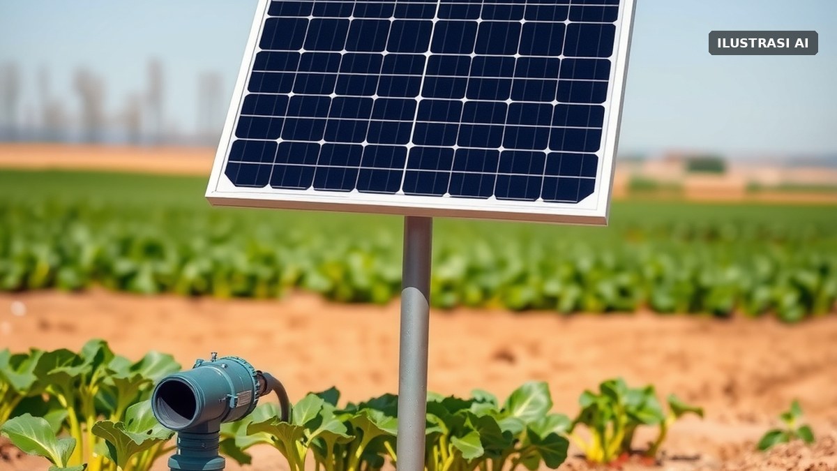 Panel surya di tepi ladang sayur dengan pipa air mengalir ke lahan