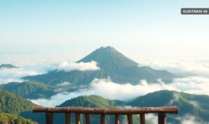 Ke New Selo Akhir Pekan? Cek Tiket, Jam Buka, dan Fasilitasnya Ilustrasi pagar gardu pandang bambu di lereng hijau di atas lautan awan dengan latar gunung