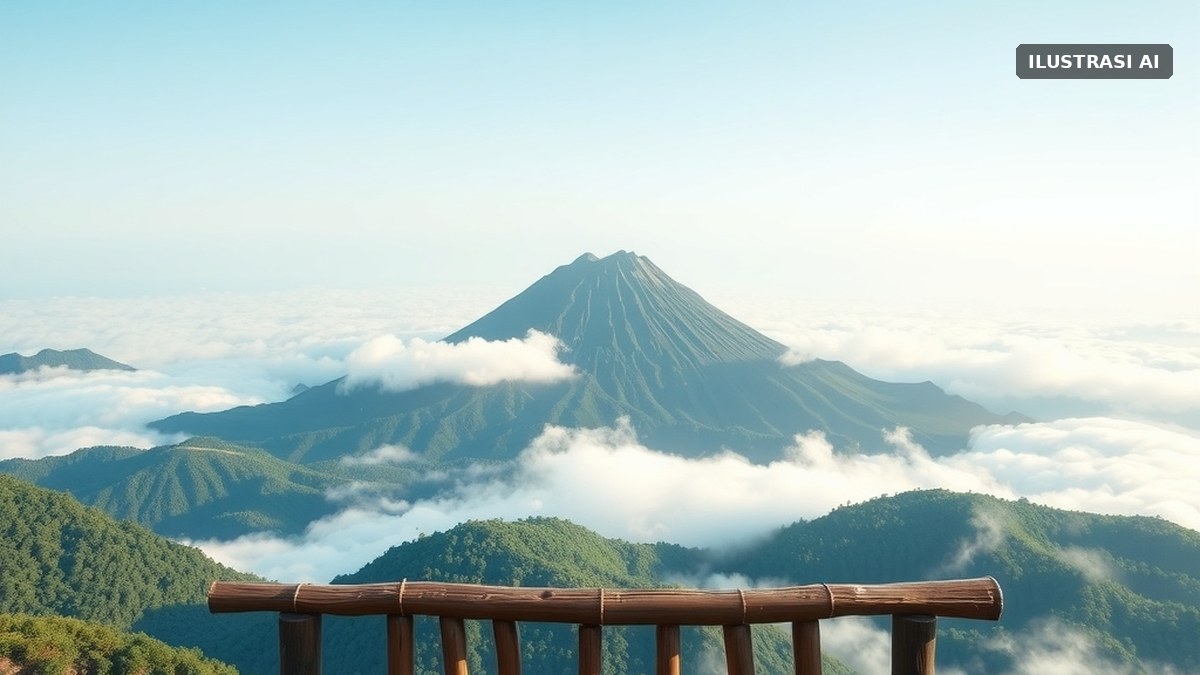 Ilustrasi pagar gardu pandang bambu di lereng hijau di atas lautan awan dengan latar gunung