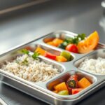 Ilustrasi nampan makan stainless berisi nasi, sayur, dan buah di dapur bersih
