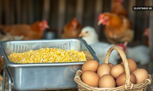 Ilustrasi wadah pakan berisi jagung giling dan keranjang telur ayam di kandang