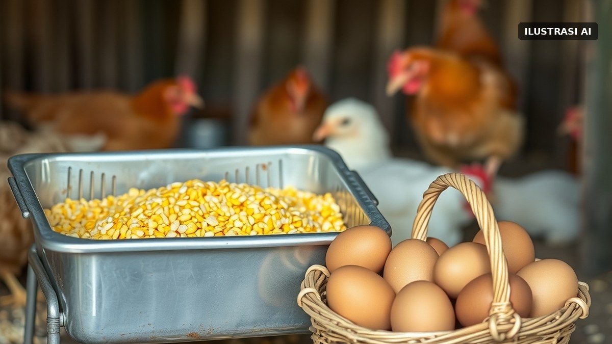 Ilustrasi wadah pakan berisi jagung giling dan keranjang telur ayam di kandang