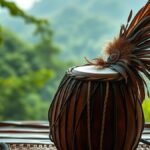 Kendang dan hiasan kepala penari di atas tikar bambu di panggung terbuka berlatar pegunungan