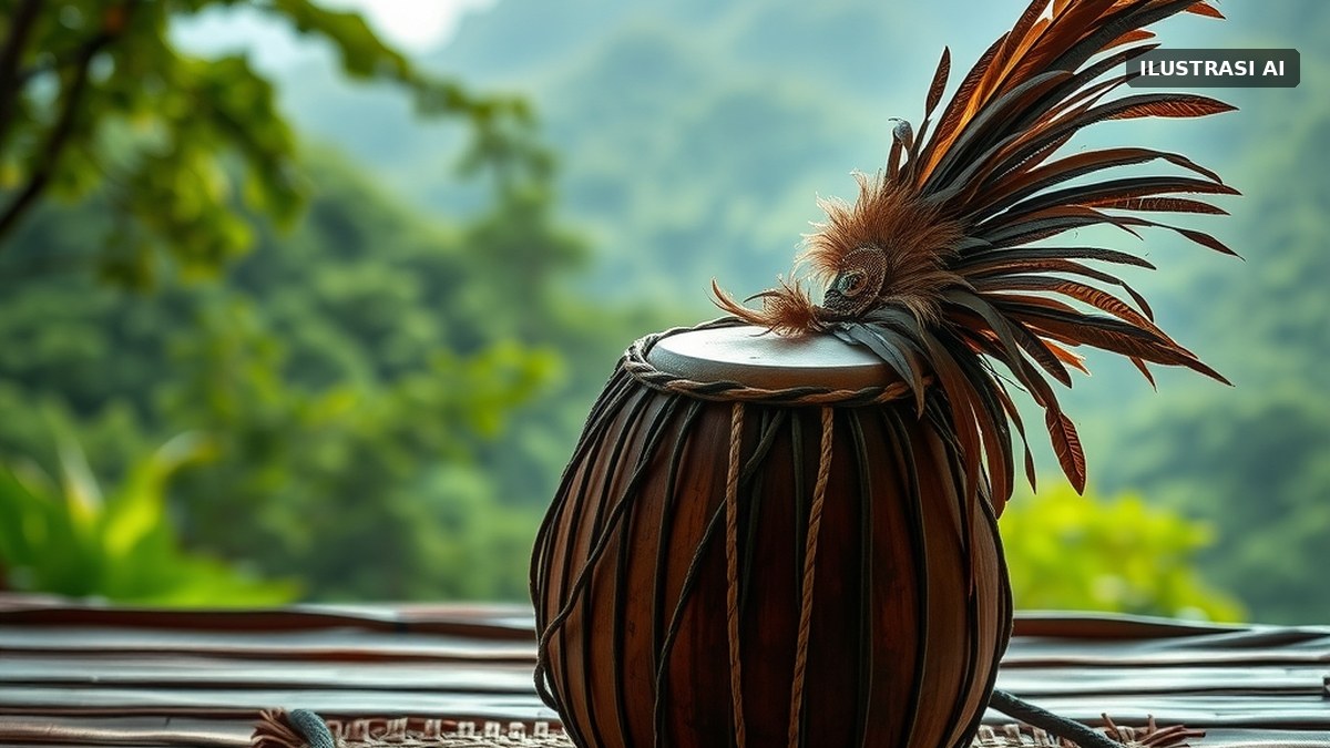 Kendang dan hiasan kepala penari di atas tikar bambu di panggung terbuka berlatar pegunungan