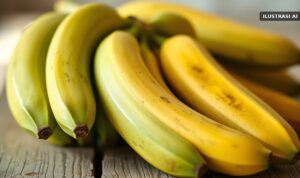 Ilustrasi setandan pisang hijau kekuningan di atas papan kayu
