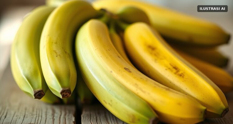 Ilustrasi setandan pisang hijau kekuningan di atas papan kayu