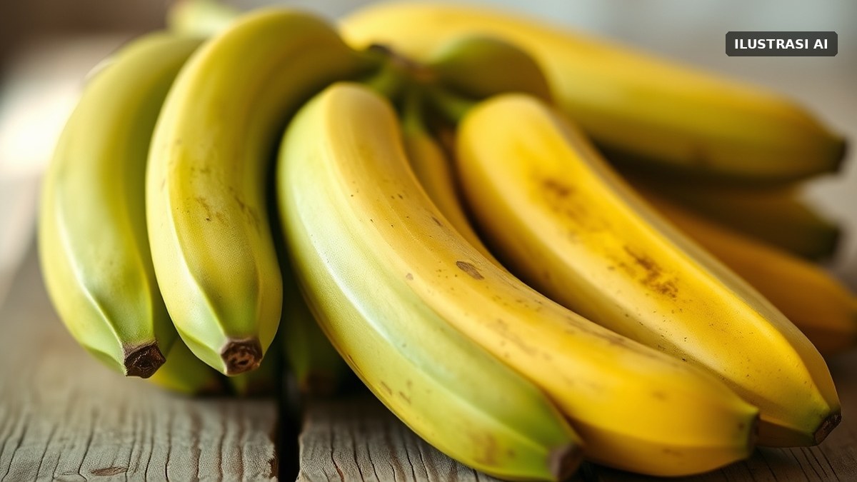 Ilustrasi setandan pisang hijau kekuningan di atas papan kayu
