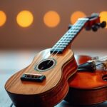 Ilustrasi alat musik keroncong cuk dan biola di atas lantai panggung kayu dengan cahaya lampu panggung