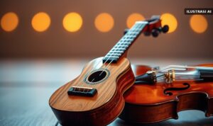 Keroncong Svaranusa Penuhi Alkid, Boyolali Bidik Agenda Wisata Tetap Ilustrasi alat musik keroncong cuk dan biola di atas lantai panggung kayu dengan cahaya lampu panggung