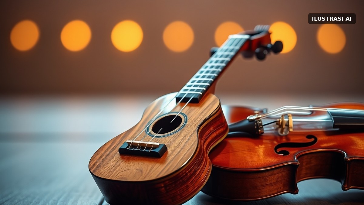 Ilustrasi alat musik keroncong cuk dan biola di atas lantai panggung kayu dengan cahaya lampu panggung