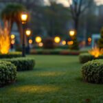 Ilustrasi taman kota berumput hijau dengan lampu taman menyala saat senja