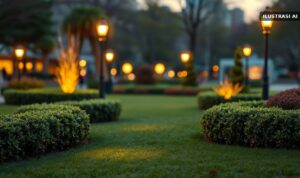 Ilustrasi taman kota berumput hijau dengan lampu taman menyala saat senja