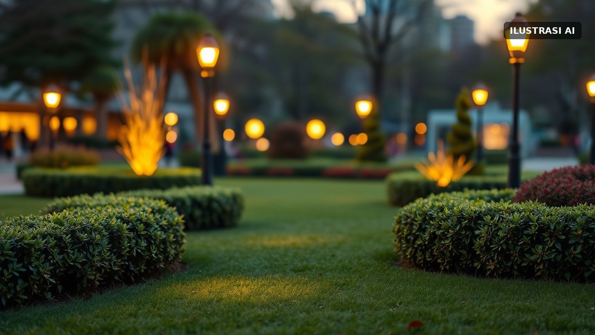 Ilustrasi taman kota berumput hijau dengan lampu taman menyala saat senja
