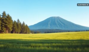 Ilustrasi lapangan rumput dataran tinggi berbatas pohon pinus dengan latar lereng gunung hijau