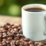 Kopi Nangka Banyuanyar Dipakai Juara Inggris, Permintaan Melonjak Ilustrasi biji kopi sangrai di atas meja kayu di samping cangkir putih polos berisi kopi hitam