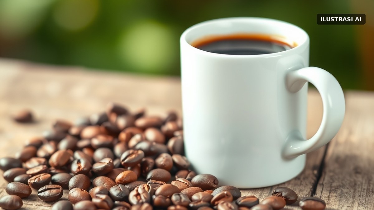 Ilustrasi biji kopi sangrai di atas meja kayu di samping cangkir putih polos berisi kopi hitam