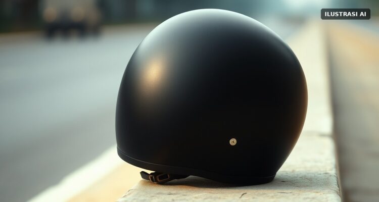 Ilustrasi helm sepeda motor polos di tepi jalan