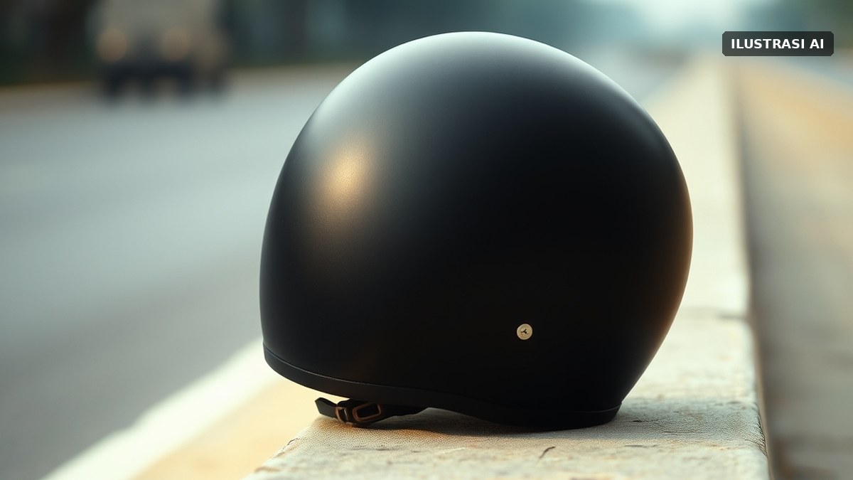 Ilustrasi helm sepeda motor polos di tepi jalan