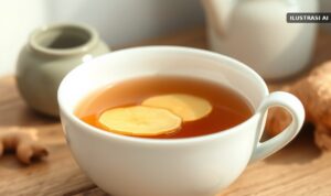 Ilustrasi secangkir wedang jahe hangat di atas meja kayu
