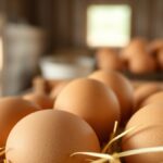Ilustrasi beberapa butir telur ayam di atas jerami dalam peti kayu