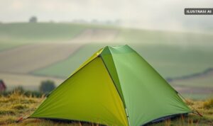 Ilustrasi tenda hijau di lereng berumput saat fajar dengan kabut tipis di atas ladang