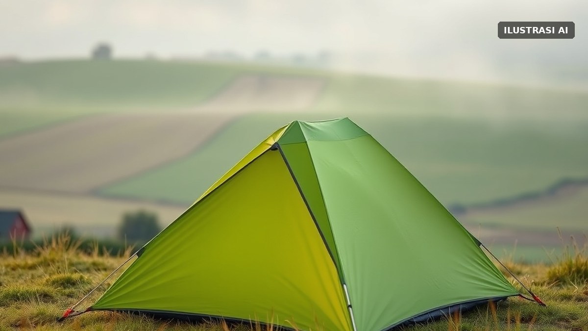 Ilustrasi tenda hijau di lereng berumput saat fajar dengan kabut tipis di atas ladang