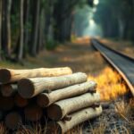 Ilustrasi tumpukan kayu jati tua di samping rel kereta berkarat di tengah hutan jati