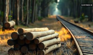 Ilustrasi tumpukan kayu jati tua di samping rel kereta berkarat di tengah hutan jati
