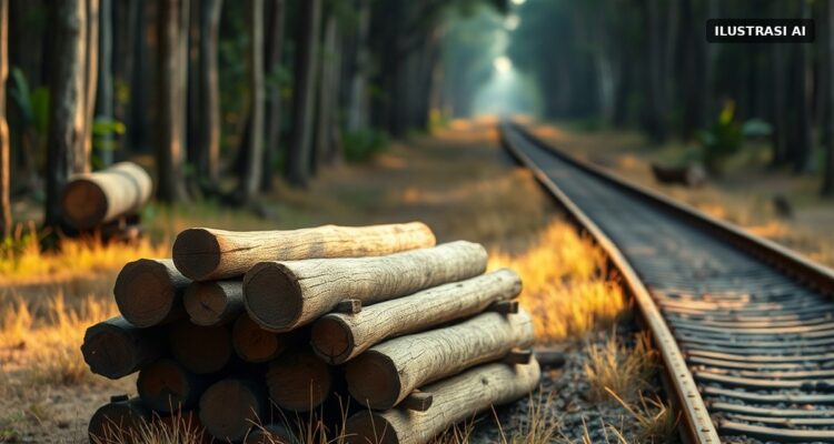 Ilustrasi tumpukan kayu jati tua di samping rel kereta berkarat di tengah hutan jati