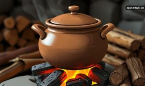 Ilustrasi periuk tanah liat di atas tungku kayu bakar dengan bara menyala dan tumpukan kayu