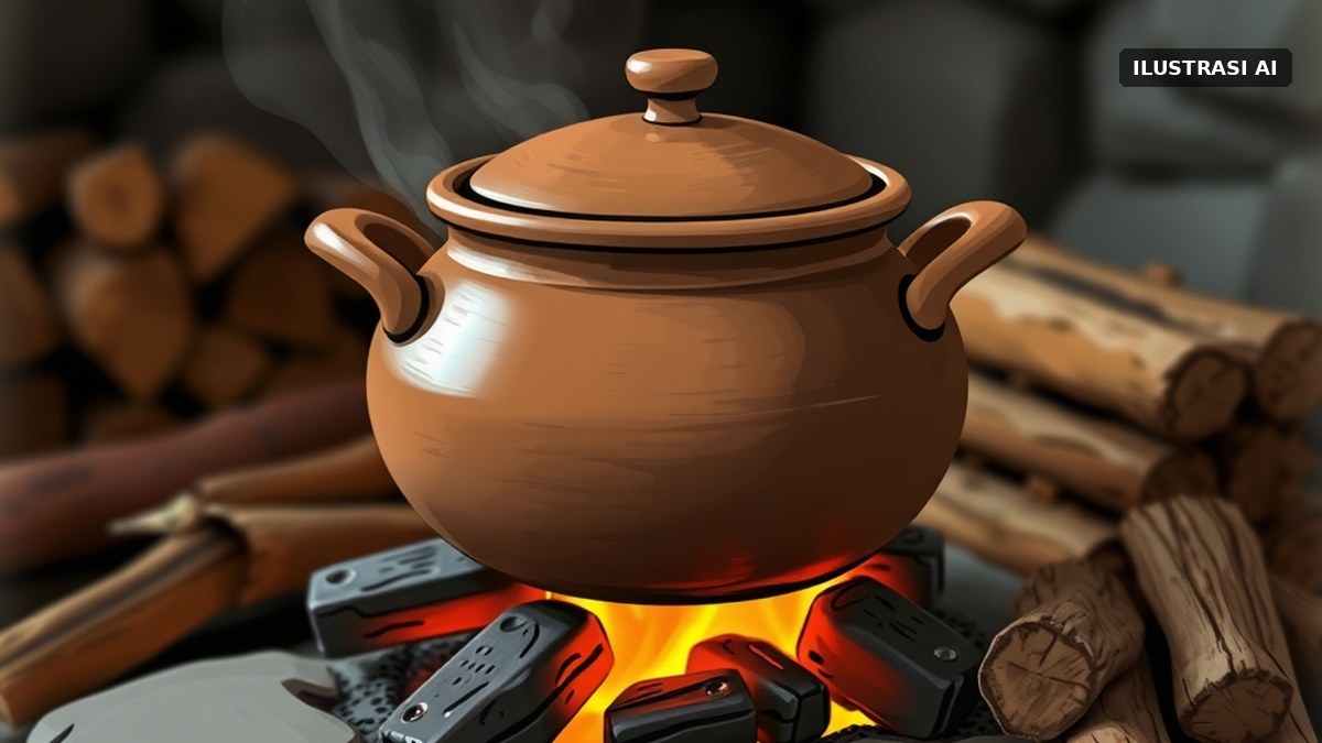 Ilustrasi periuk tanah liat di atas tungku kayu bakar dengan bara menyala dan tumpukan kayu