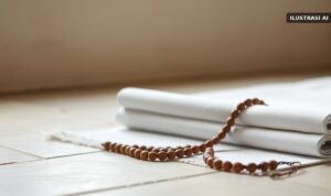 Ilustrasi sajadah putih polos terlipat dengan tasbih kayu di atas lantai batu