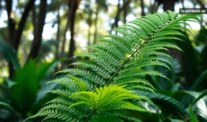 Ilustrasi daun pakis dan tanaman tropis di kebun raya yang teduh dengan cahaya matahari menembus pepohonan