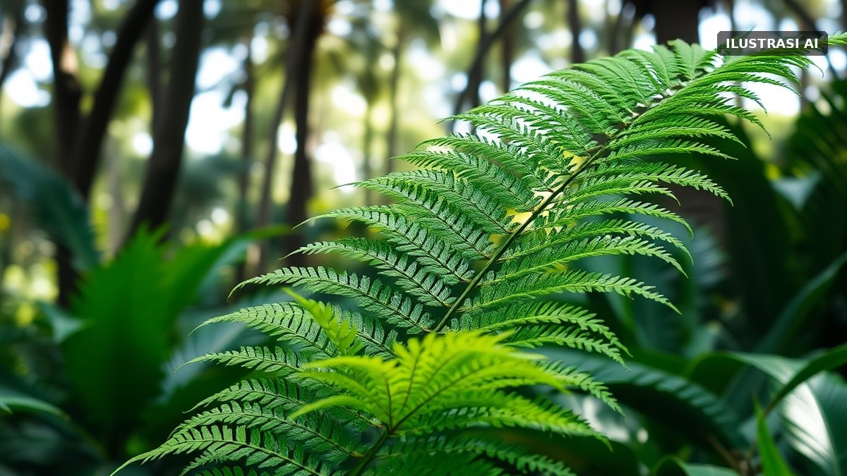 Ilustrasi daun pakis dan tanaman tropis di kebun raya yang teduh dengan cahaya matahari menembus pepohonan