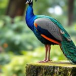 Ilustrasi burung merak berdiri di anak tangga batu berlumut di taman hijau
