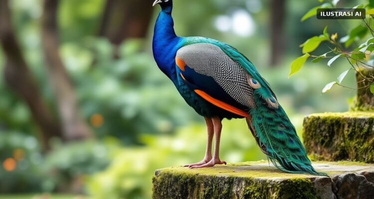 Ilustrasi burung merak berdiri di anak tangga batu berlumut di taman hijau
